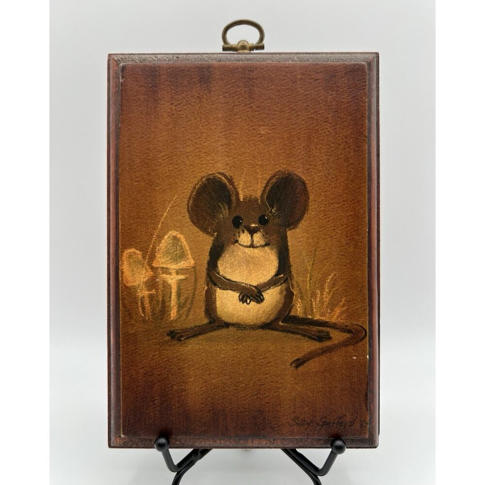Vintage Suzy Spafford Field Mouse w Mushrooms Art Print on Wood Plaque 4.5 x 7”